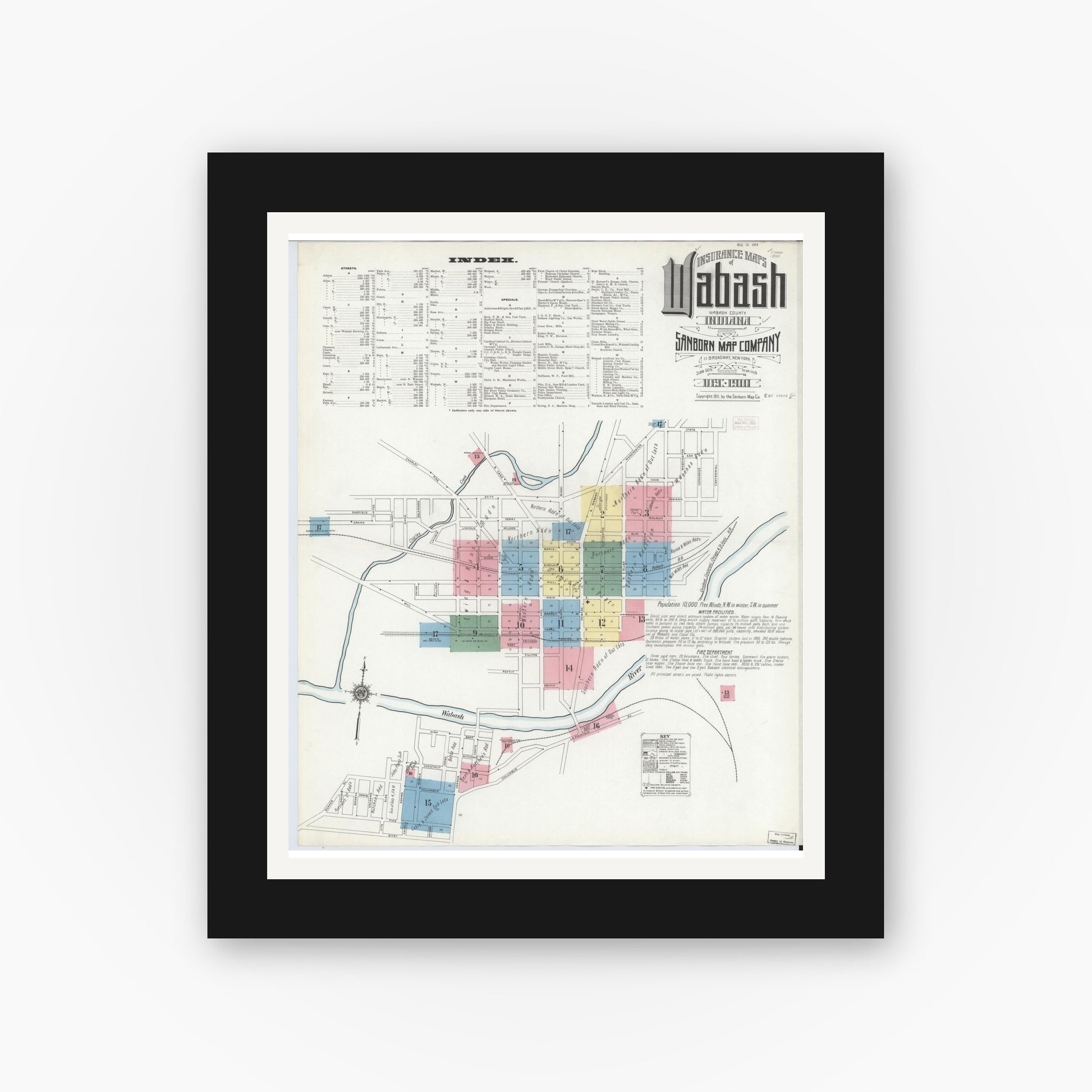 Old map wall art mockup — black gallery frame with white mat — Sanborn Fire Insurance Map from Wabash, Wabash County, Indiana (1910), Sheet #0001