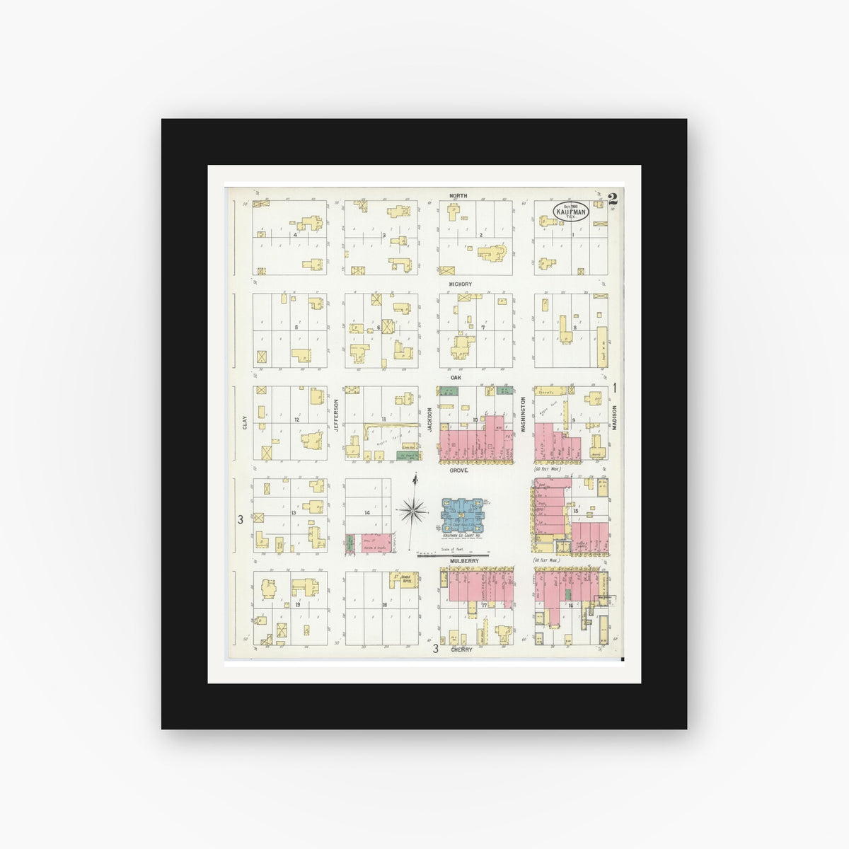 Old map wall art mockup — black gallery frame with white mat — Sanborn Fire Insurance Map from Kaufman, Kaufman County, Texas (1900), Sheet #0002