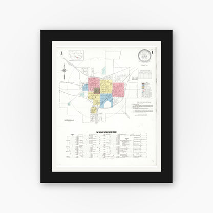 Old map wall art mockup — black gallery frame with white mat — Sanborn Fire Insurance Map from Albia, Monroe County, Iowa (1933) â€” Complete Set