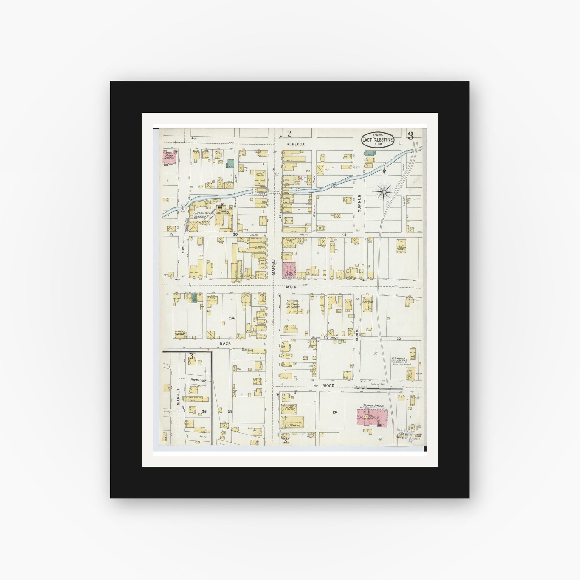 Old map wall art mockup — black gallery frame with white mat — Sanborn Fire Insurance Map from East Palestine, Columbiana County, Ohio (1896), Sheet #0003