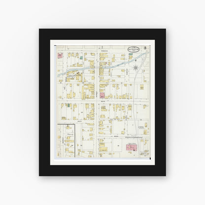 Old map wall art mockup — black gallery frame with white mat — Sanborn Fire Insurance Map from East Palestine, Columbiana County, Ohio (1896), Sheet #0003