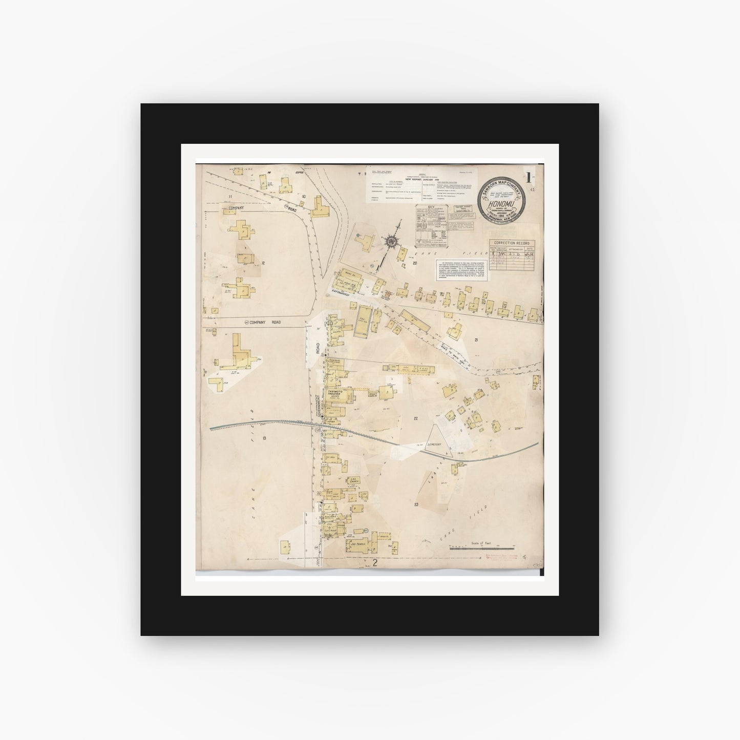 Old map wall art mockup — black gallery frame with white mat — Sanborn Fire Insurance Map from Honomu, Hawaii County, Hawaii (1956) - Complete Map Set