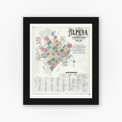 Old map wall art mockup — black gallery frame with white mat — Sanborn Fire Insurance Map from Alpena, Alpena County, Michigan (1910), Sheet #0001