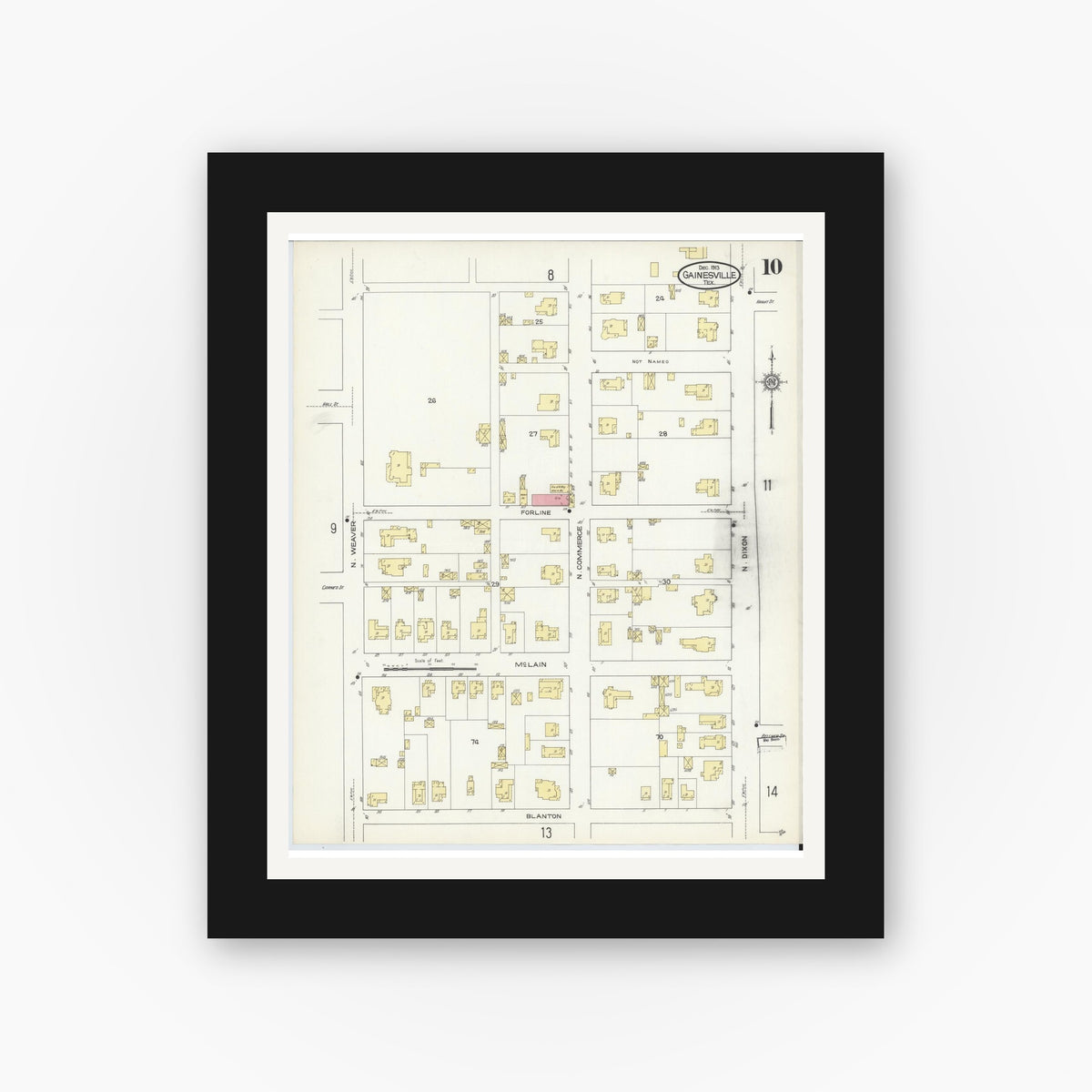Old map wall art mockup — black gallery frame with white mat — Sanborn Fire Insurance Map from Gainesville, Cooke County, Texas (1913), Sheet #0010