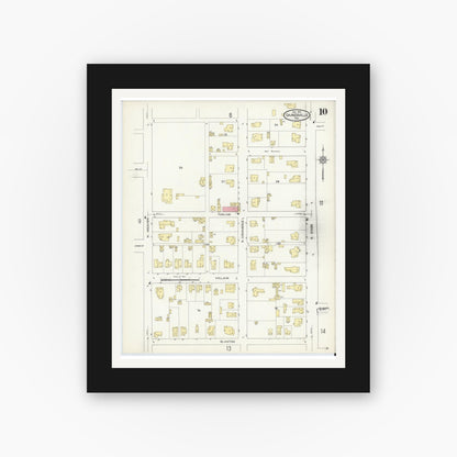 Old map wall art mockup — black gallery frame with white mat — Sanborn Fire Insurance Map from Gainesville, Cooke County, Texas (1913), Sheet #0010