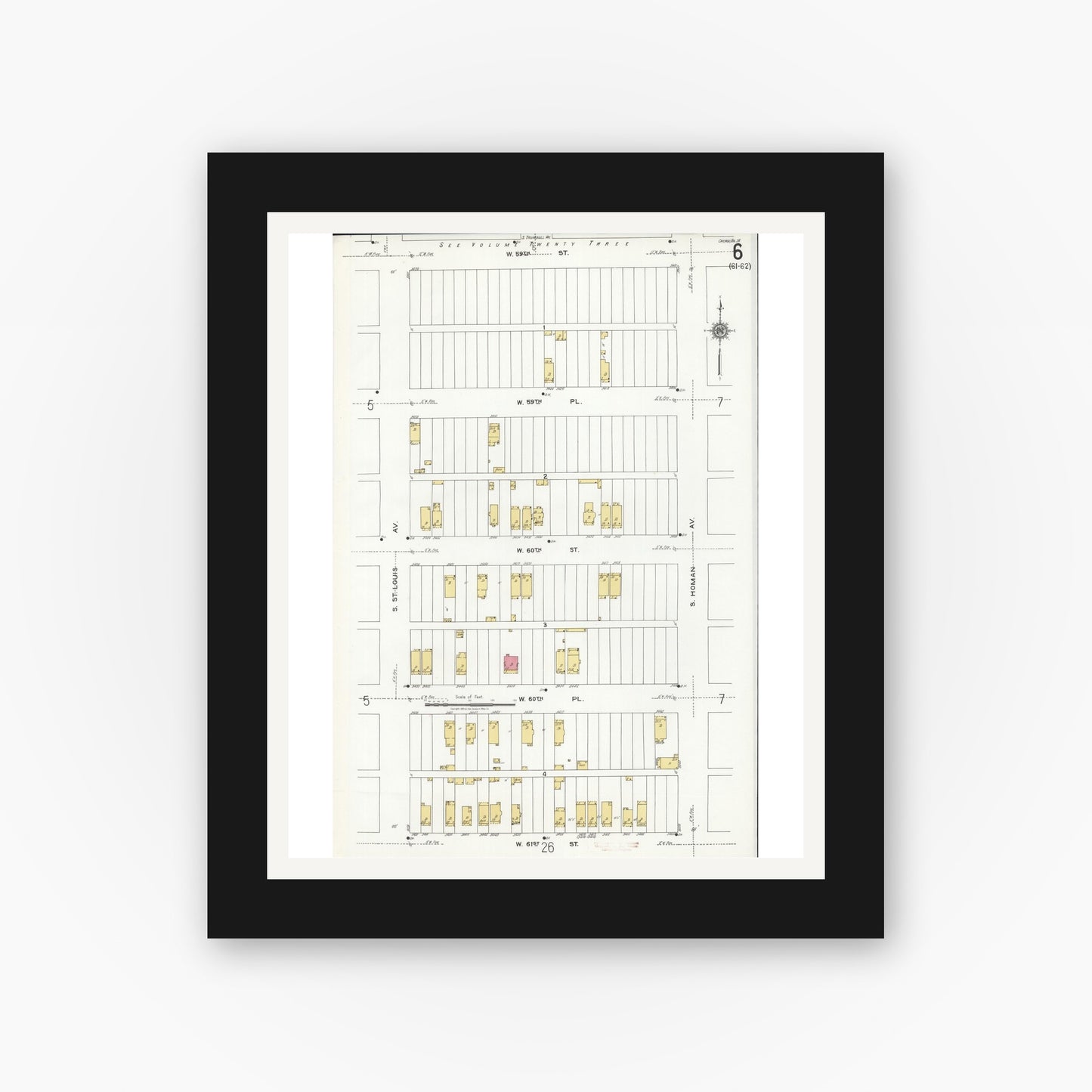 Old map wall art mockup — black gallery frame with white mat — Sanborn Fire Insurance Map from Chicago, Cook County, Illinois (1920), Sheet #0006
