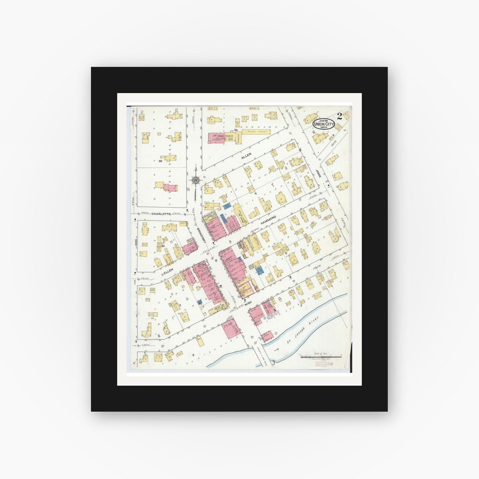Old map wall art mockup — black gallery frame with white mat — Sanborn Fire Insurance Map from Union City, Branch And Calhoun Counties, Michigan (1918), Sheet #0002