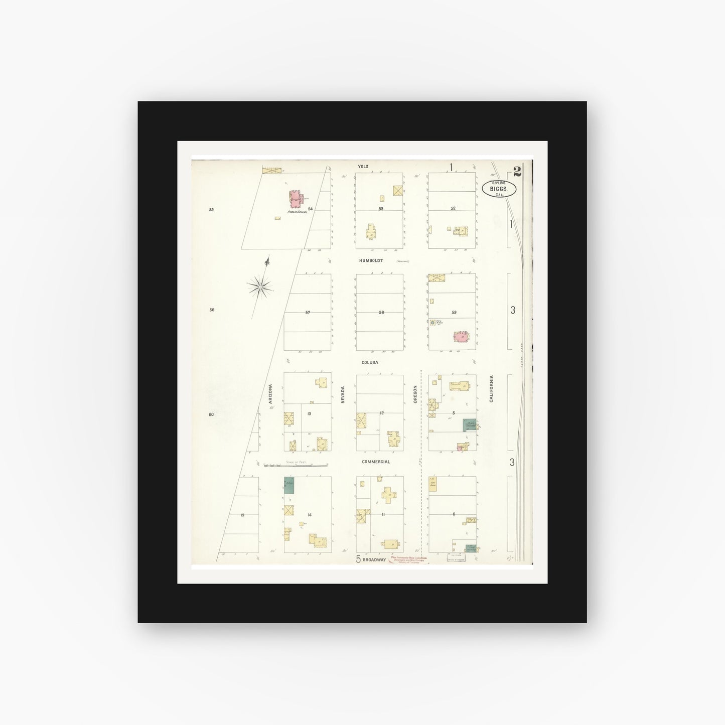 Old map wall art mockup — black gallery frame with white mat — Sanborn Fire Insurance Map from Biggs, Butte County, California (1902), Sheet #0002