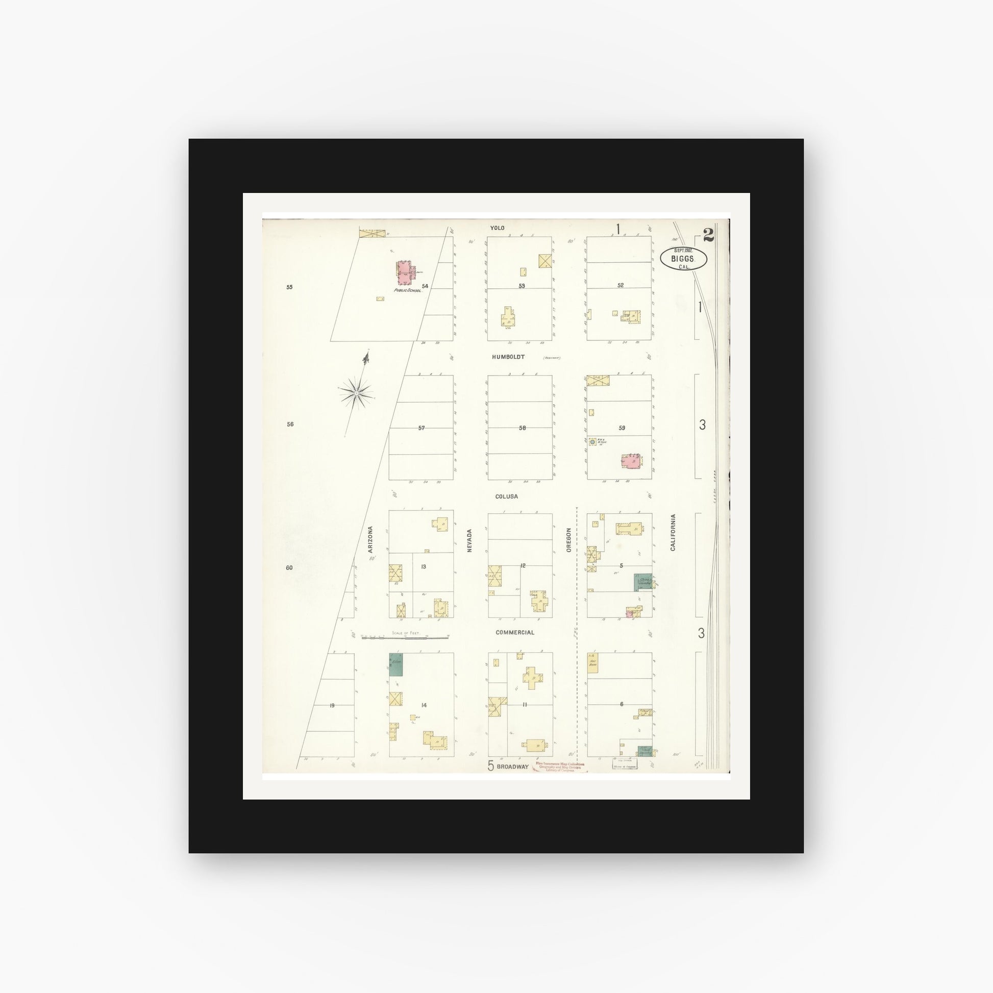 Old map wall art mockup — black gallery frame with white mat — Sanborn Fire Insurance Map from Biggs, Butte County, California (1902), Sheet #0002