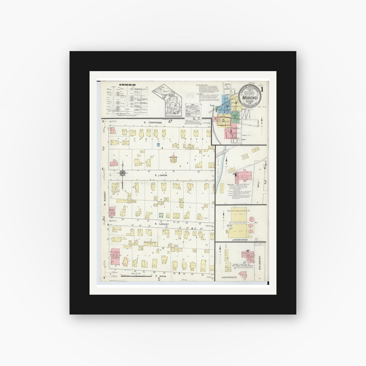 Old map wall art mockup — black gallery frame with white mat — Sanborn Fire Insurance Map from Morenci, Lenawee County, Michigan (1914), Sheet #0001