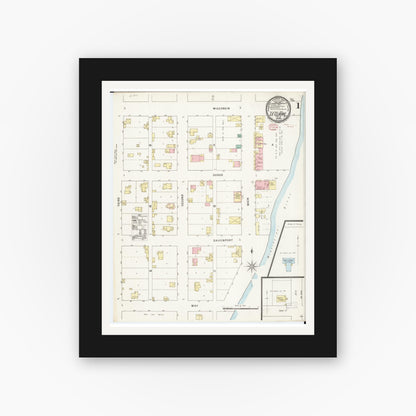 Old map wall art mockup — black gallery frame with white mat — Sanborn Fire Insurance Map from Le Claire, Scott County, Iowa (1895) â€” Complete Set