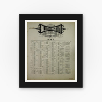 Old map wall art mockup — black gallery frame with white mat — Sanborn Fire Insurance Map from Bloomington, McLean County, Illinois (1907), Sheet #0001