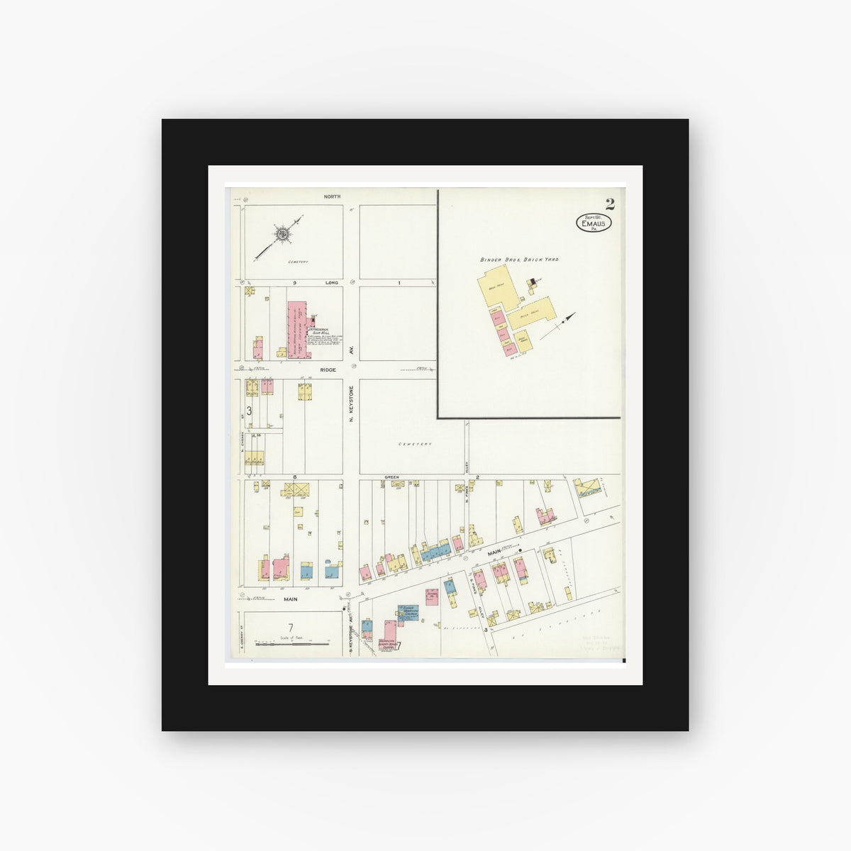 Old map wall art mockup — black gallery frame with white mat — Sanborn Fire Insurance Map from Emaus, Lehigh County, Pennsylvania (1911), Sheet #0002