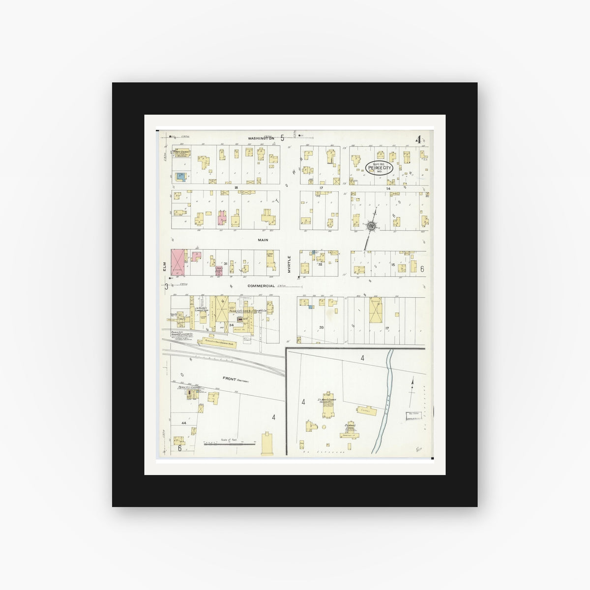 Old map wall art mockup — black gallery frame with white mat — Sanborn Fire Insurance Map from Pierce City, Lawrence County, Missouri (1910), Sheet #0004