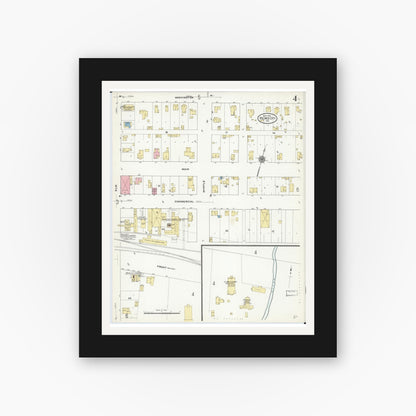 Old map wall art mockup — black gallery frame with white mat — Sanborn Fire Insurance Map from Pierce City, Lawrence County, Missouri (1910), Sheet #0004