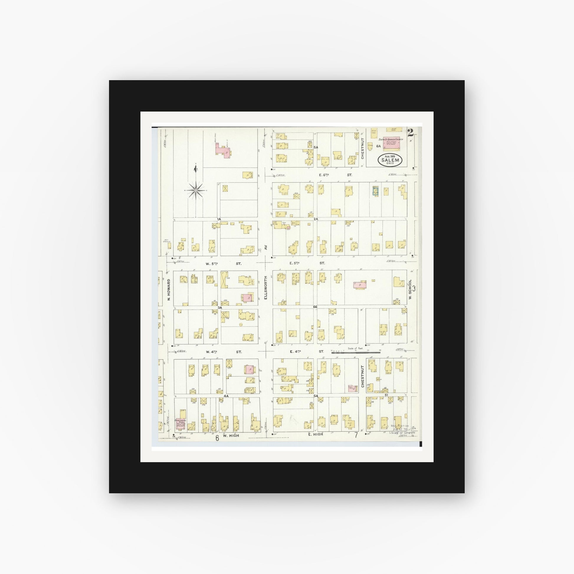 Old map wall art mockup — black gallery frame with white mat — Sanborn Fire Insurance Map from Salem, Columbiana County, Ohio (1909), Sheet #0002