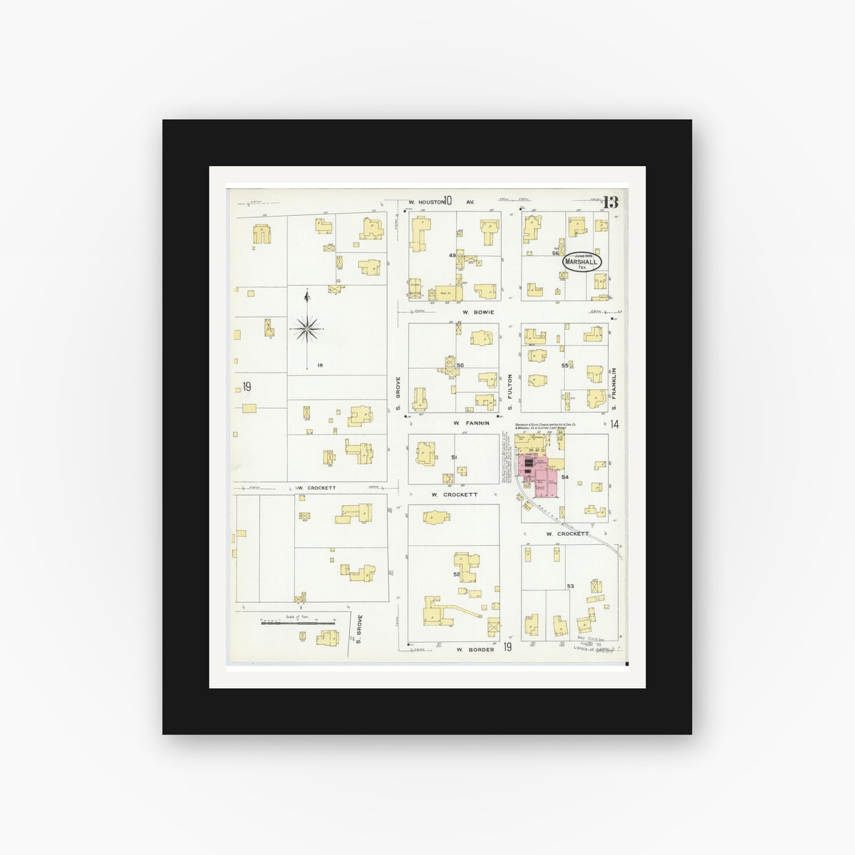 Old map wall art mockup — black gallery frame with white mat — Sanborn Fire Insurance Map from Marshall, Harrison County, Texas (1909), Sheet #0013