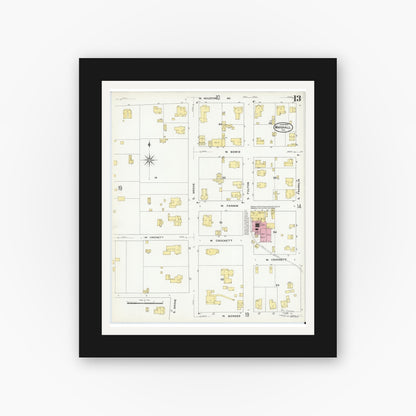 Old map wall art mockup — black gallery frame with white mat — Sanborn Fire Insurance Map from Marshall, Harrison County, Texas (1909), Sheet #0013