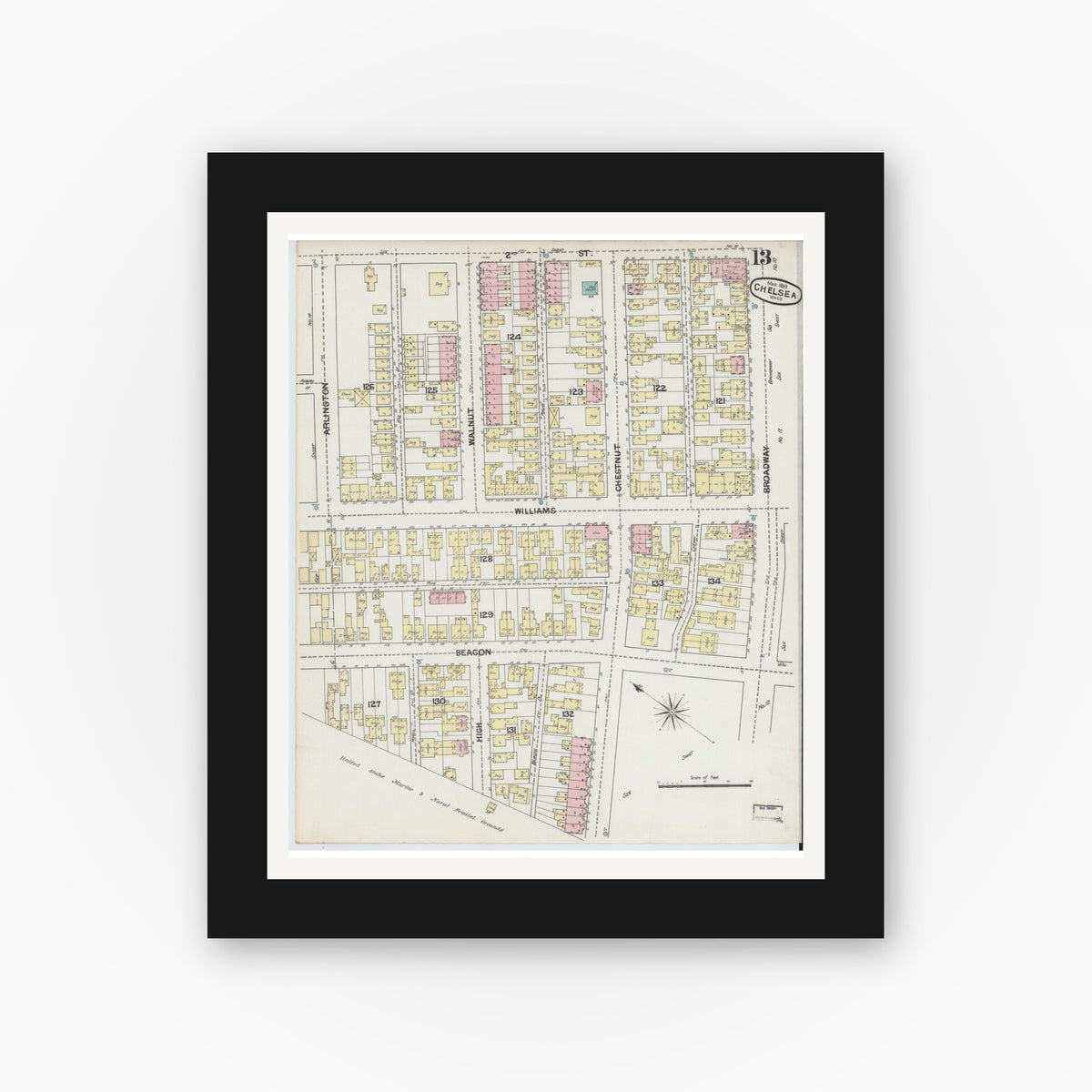 Old map wall art mockup — black gallery frame with white mat — Sanborn Fire Insurance Map from Chelsea, Suffolk County, Massachusetts (1889), Sheet #0013
