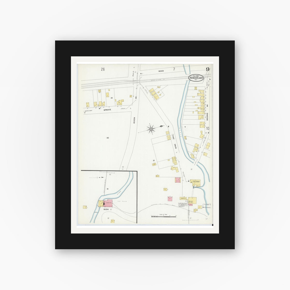 Old map wall art mockup — black gallery frame with white mat — Sanborn Fire Insurance Map from Rensselaer, Rensselaer County, New York (1909), Sheet #0009