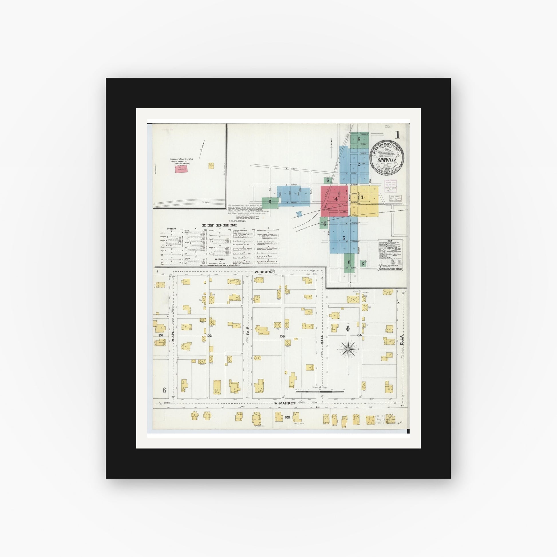 Old map wall art mockup — black gallery frame with white mat — Sanborn Fire Insurance Map from Orrville, Wayne County, Ohio (1904), Sheet #0001