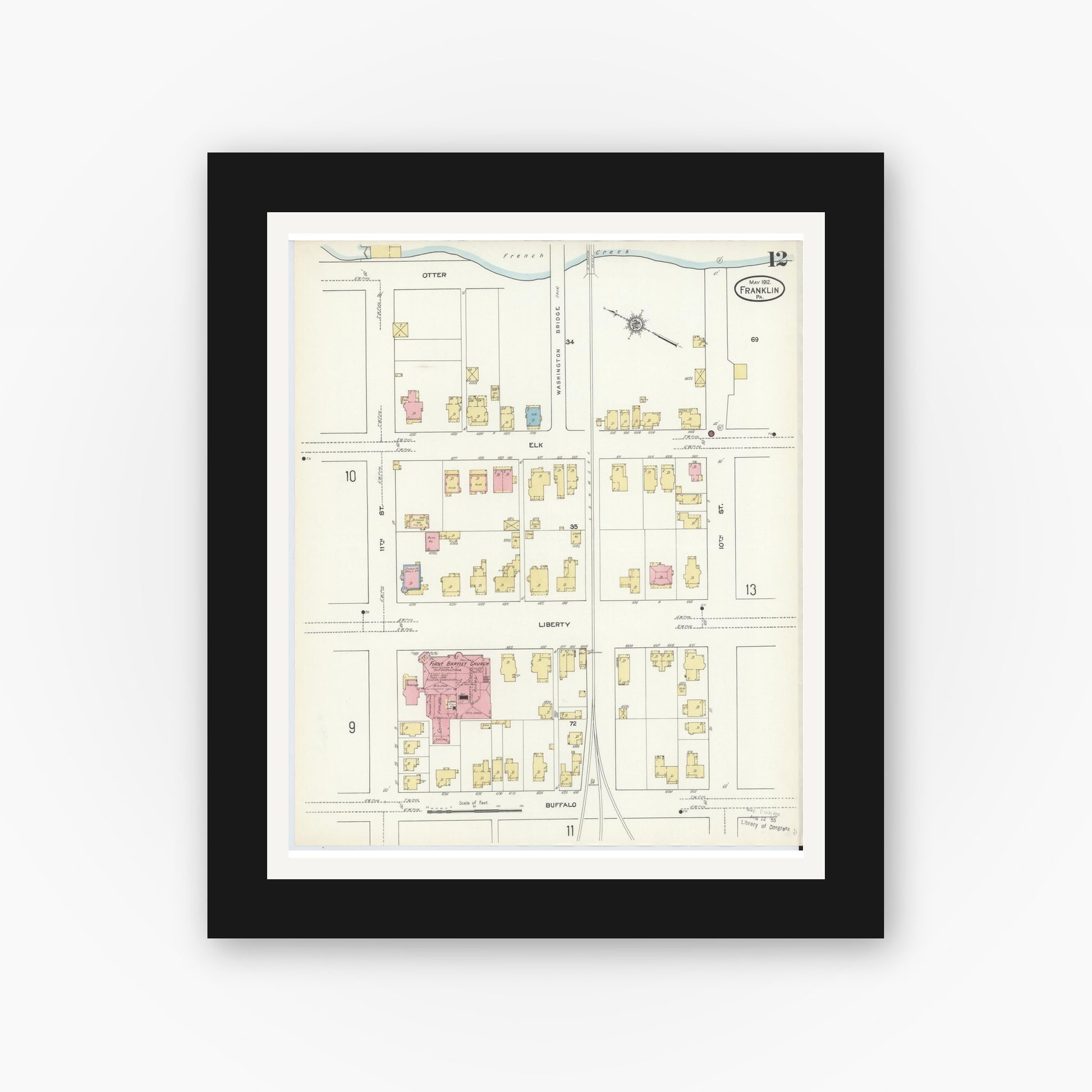 Old map wall art mockup — black gallery frame with white mat — Sanborn Fire Insurance Map from Franklin, Venango County, Pennsylvania (1912), Sheet #0012