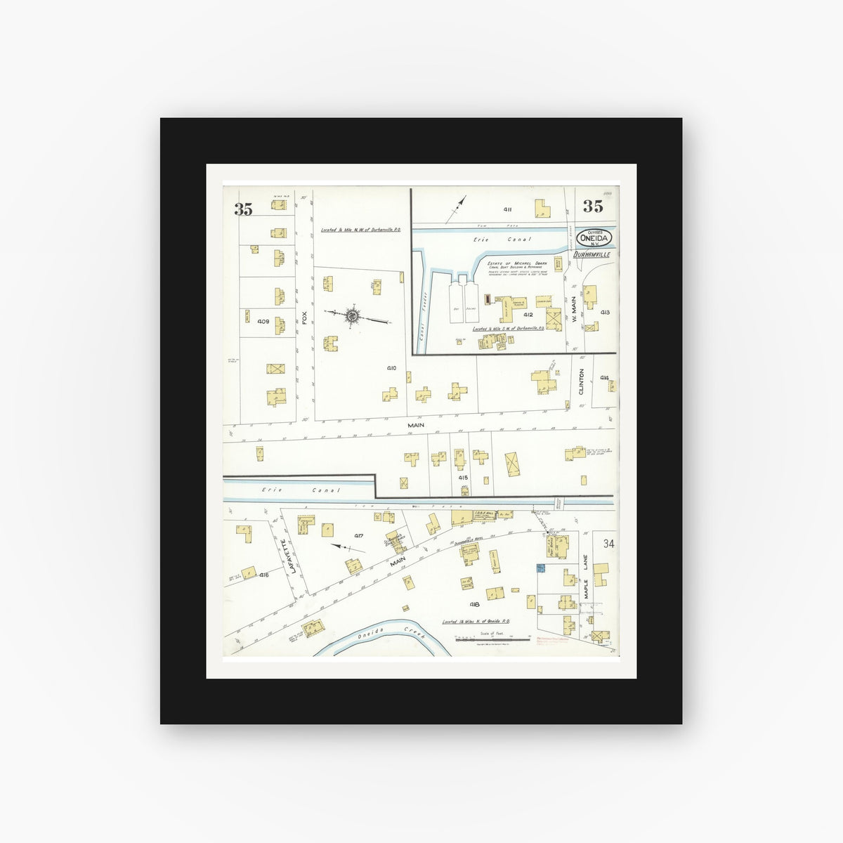 Old map wall art mockup — black gallery frame with white mat — Sanborn Fire Insurance Map from Oneida, Madison County, New York (1923), Sheet #0035