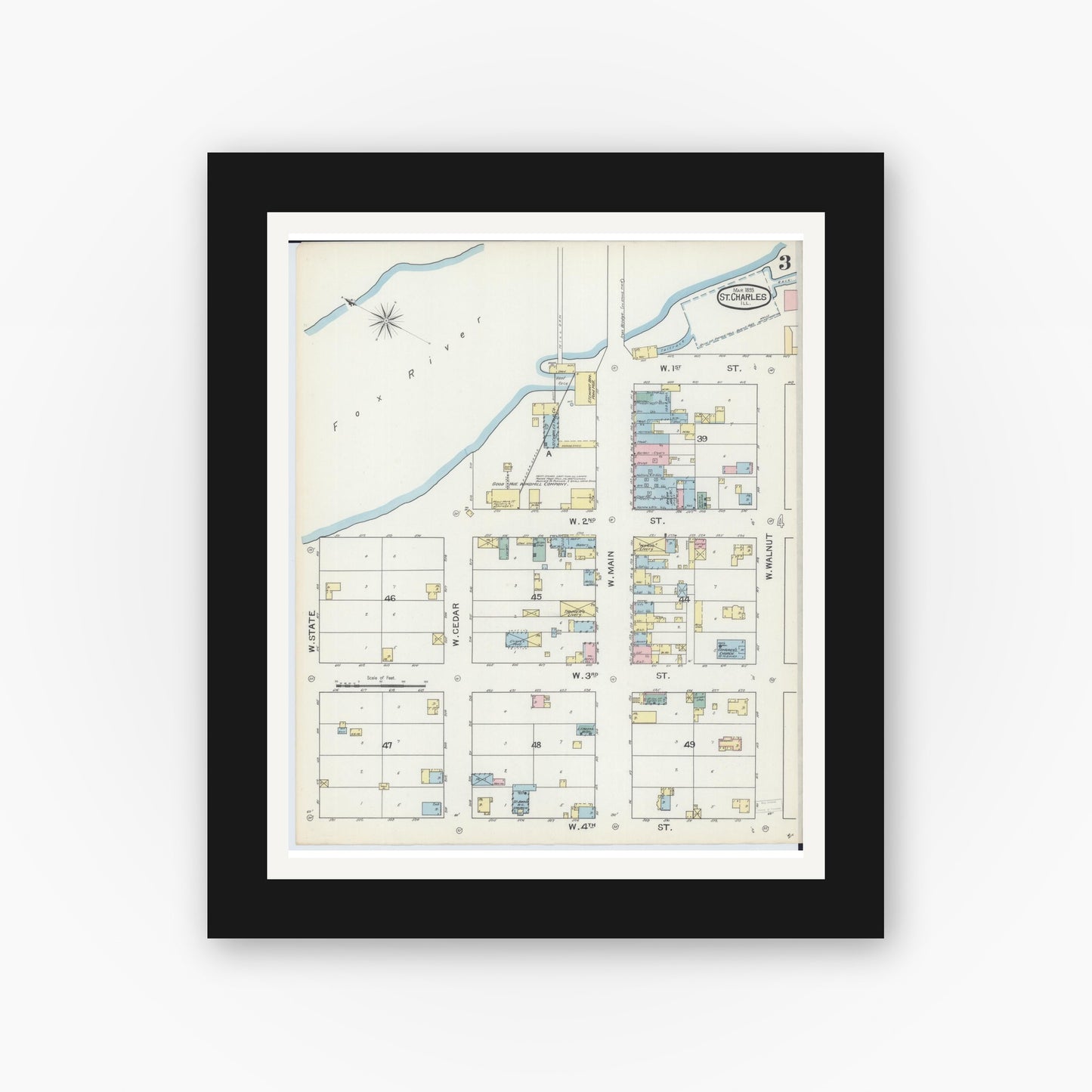 Old map wall art mockup — black gallery frame with white mat — Sanborn Fire Insurance Map from Saint Charles, Kane County, Illinois (1893), Sheet #0003