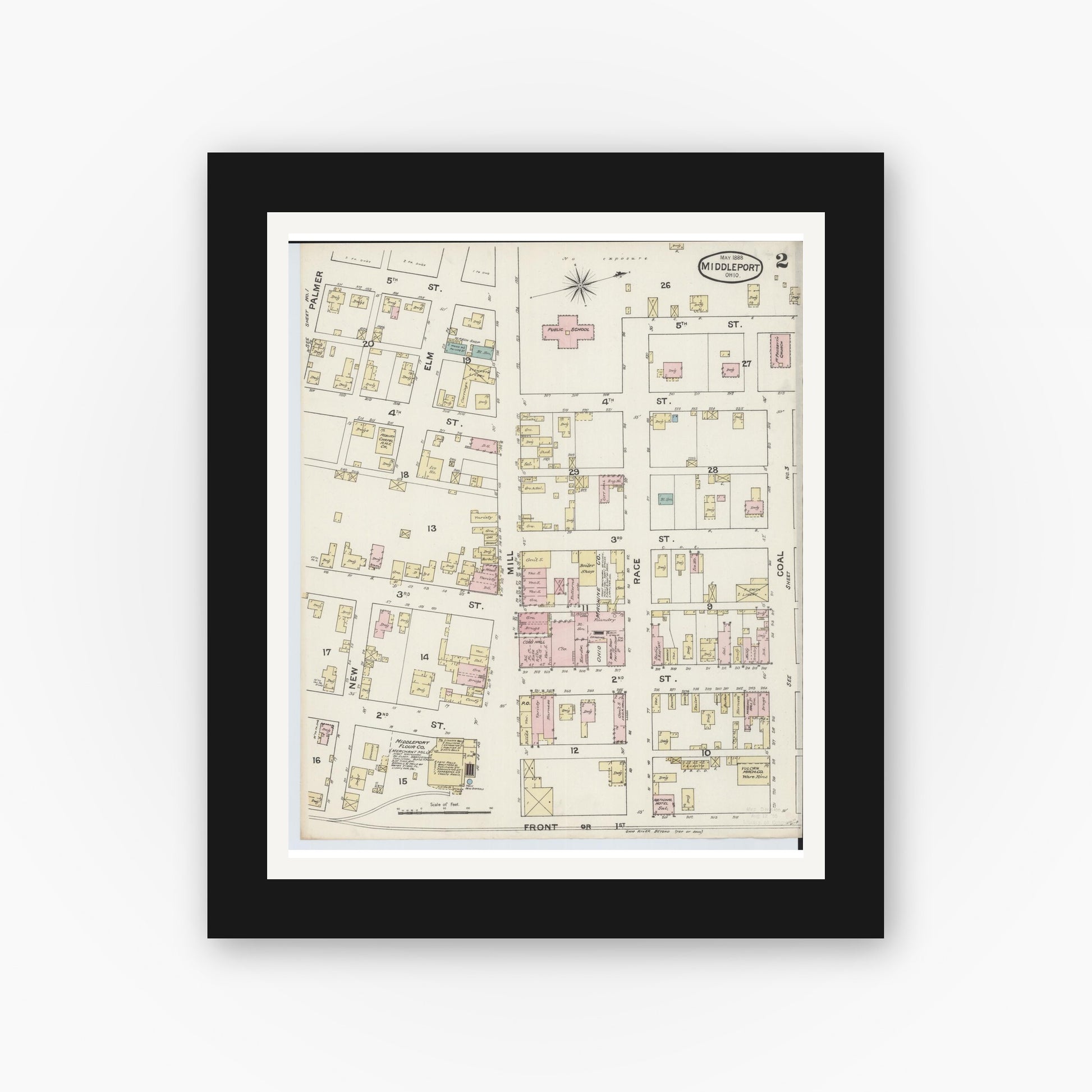 Old map wall art mockup — black gallery frame with white mat — Sanborn Fire Insurance Map from Middleport, Meigs County, Ohio (1888), Sheet #0002
