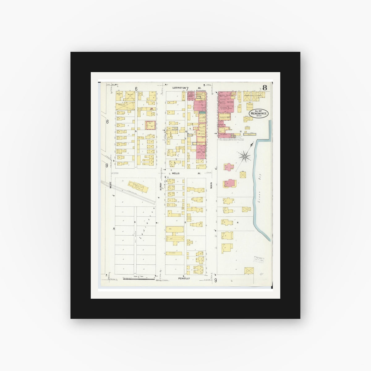 Old map wall art mockup — black gallery frame with white mat — Sanborn Fire Insurance Map from Menominee, Menominee County, Michigan (1907), Sheet #0008