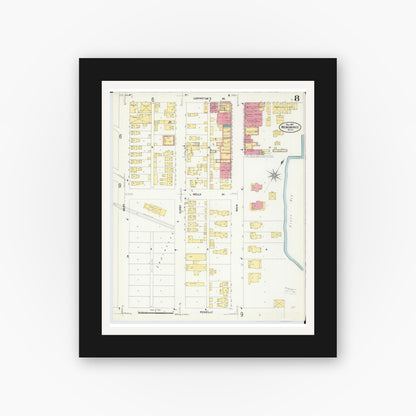 Old map wall art mockup — black gallery frame with white mat — Sanborn Fire Insurance Map from Menominee, Menominee County, Michigan (1907), Sheet #0008