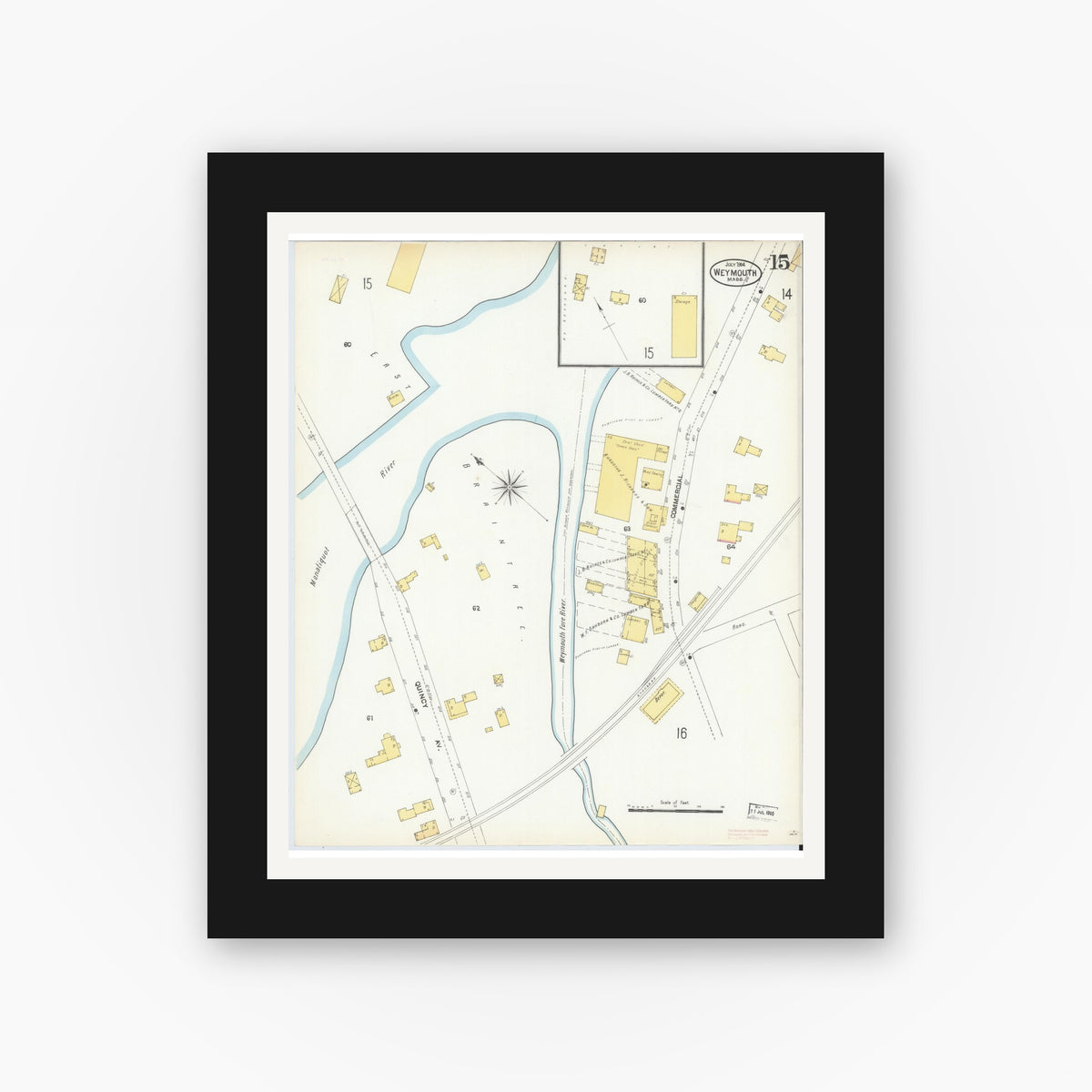 Old map wall art mockup — black gallery frame with white mat — Sanborn Fire Insurance Map from Weymouth, Norfolk County, Massachusetts (1904), Sheet #0015