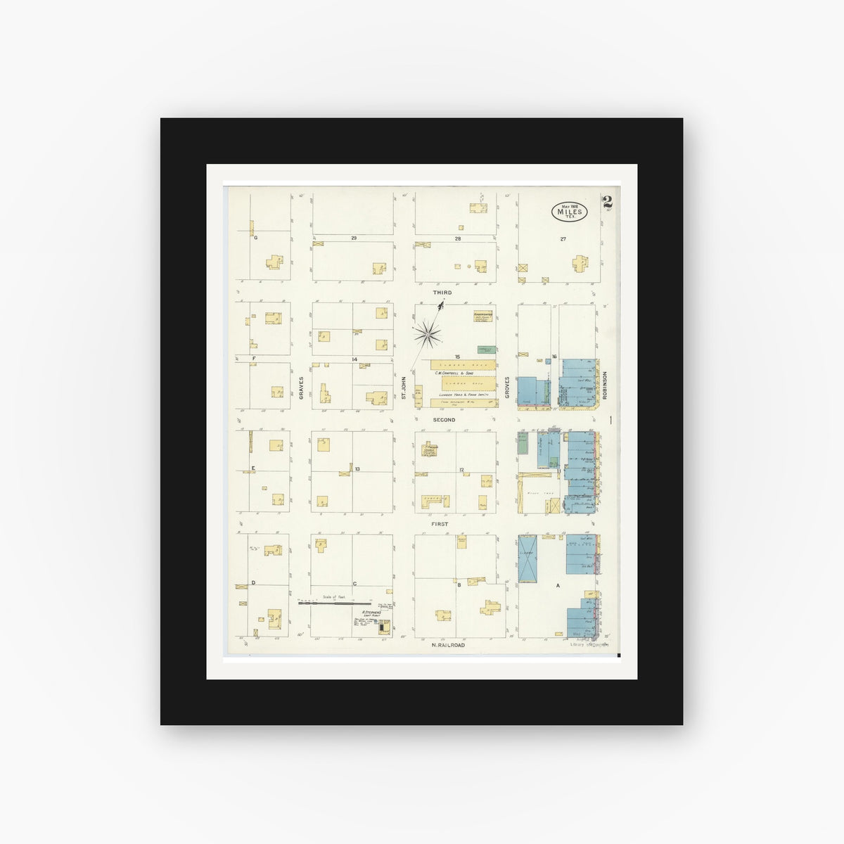 Old map wall art mockup — black gallery frame with white mat — Sanborn Fire Insurance Map from Miles, Runnels County, Texas (1908), Sheet #0002