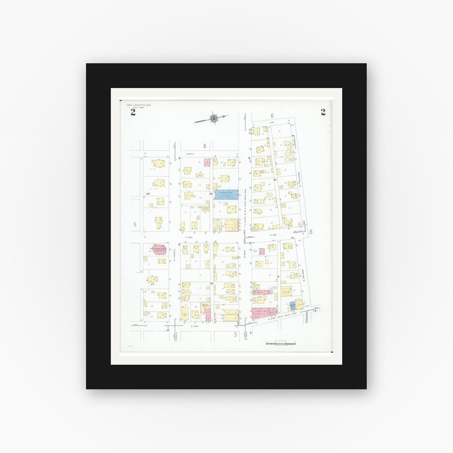 Old map wall art mockup — black gallery frame with white mat — Sanborn Fire Insurance Map from West Lafayette, Coshocton County, Ohio (1946), Sheet #0002