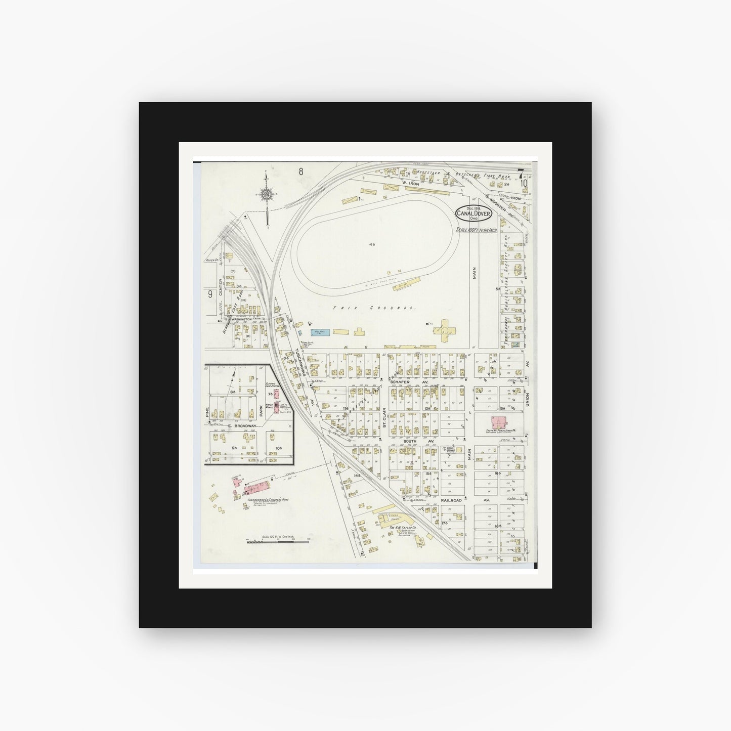 Old map wall art mockup — black gallery frame with white mat — Sanborn Fire Insurance Map from Canal Dover, Tuscarawas County, Ohio (1914), Sheet #0007