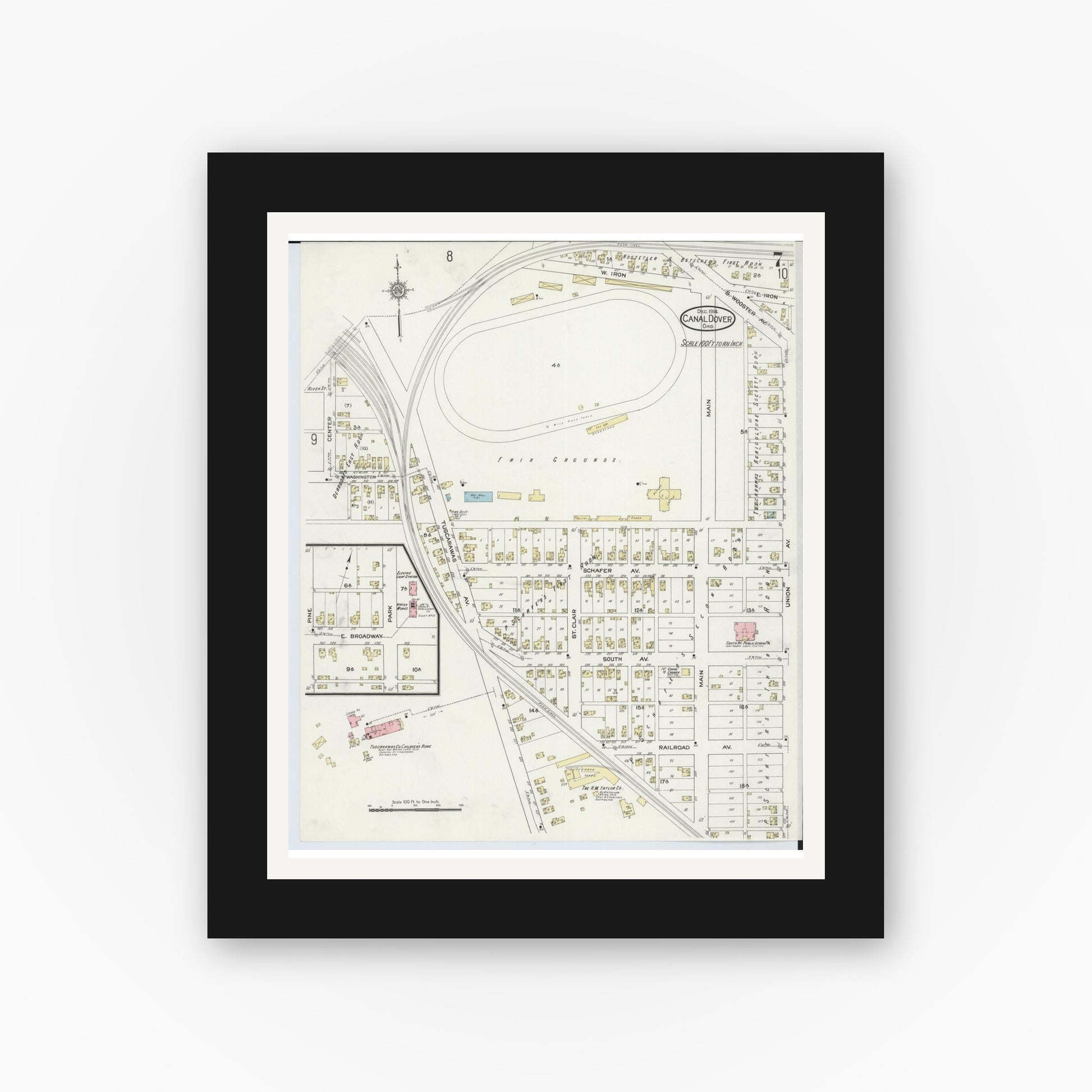 Old map wall art mockup — black gallery frame with white mat — Sanborn Fire Insurance Map from Canal Dover, Tuscarawas County, Ohio (1914), Sheet #0007