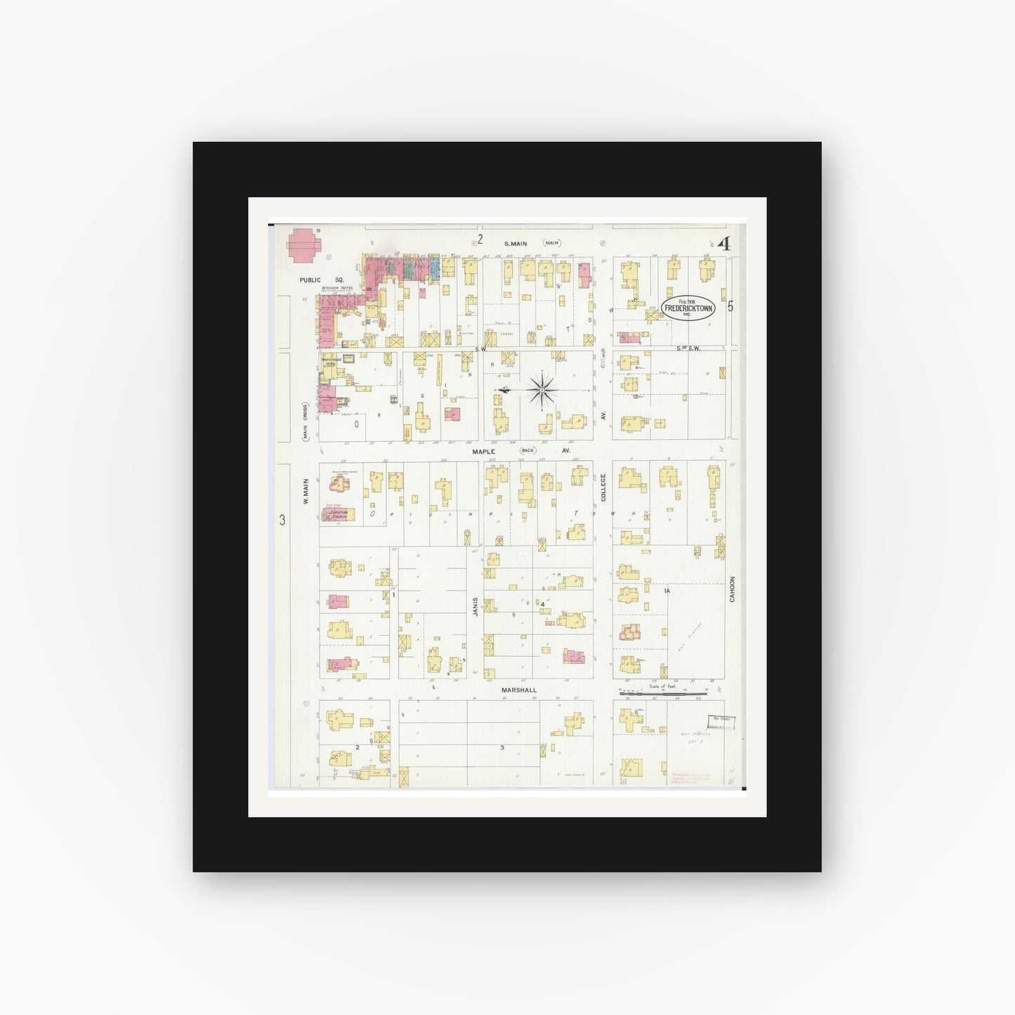 Old map wall art mockup — black gallery frame with white mat — Sanborn Fire Insurance Map from Fredericktown, Madison County, Missouri (1908), Sheet #0004