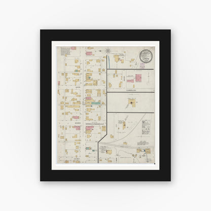 Old map wall art mockup — black gallery frame with white mat — Sanborn Fire Insurance Map from Camden, Carroll County, Indiana (1899), Sheet #0001