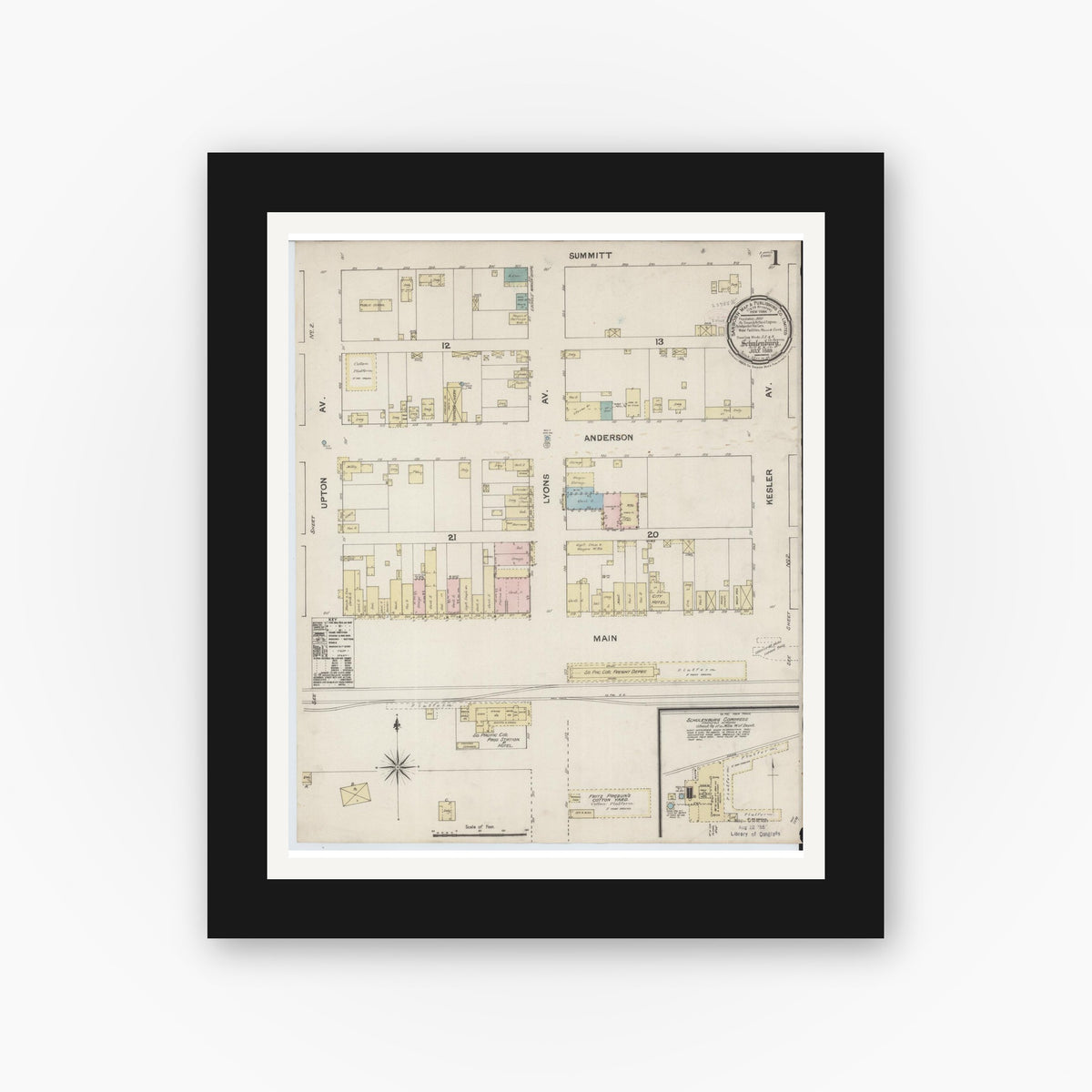 Old map wall art mockup — black gallery frame with white mat — Sanborn Fire Insurance Map from Schulenburg, Fayette County, Texas (1889) - Complete Map Set