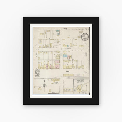 Old map wall art mockup — black gallery frame with white mat — Sanborn Fire Insurance Map from Schulenburg, Fayette County, Texas (1889) - Complete Map Set