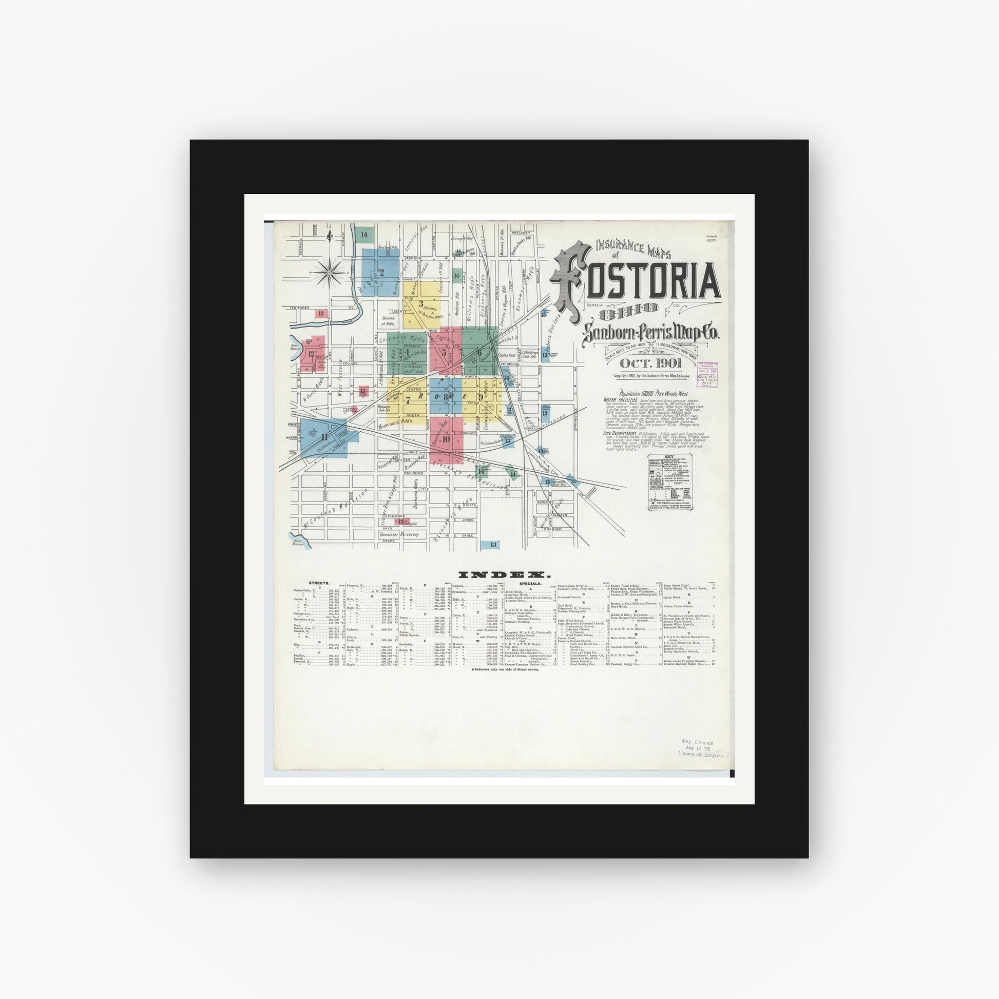 Old map wall art mockup — black gallery frame with white mat — Sanborn Fire Insurance Map from Fostoria, Seneca, Hancock, And Wood Counties, Ohio (1901), Sheet #0001