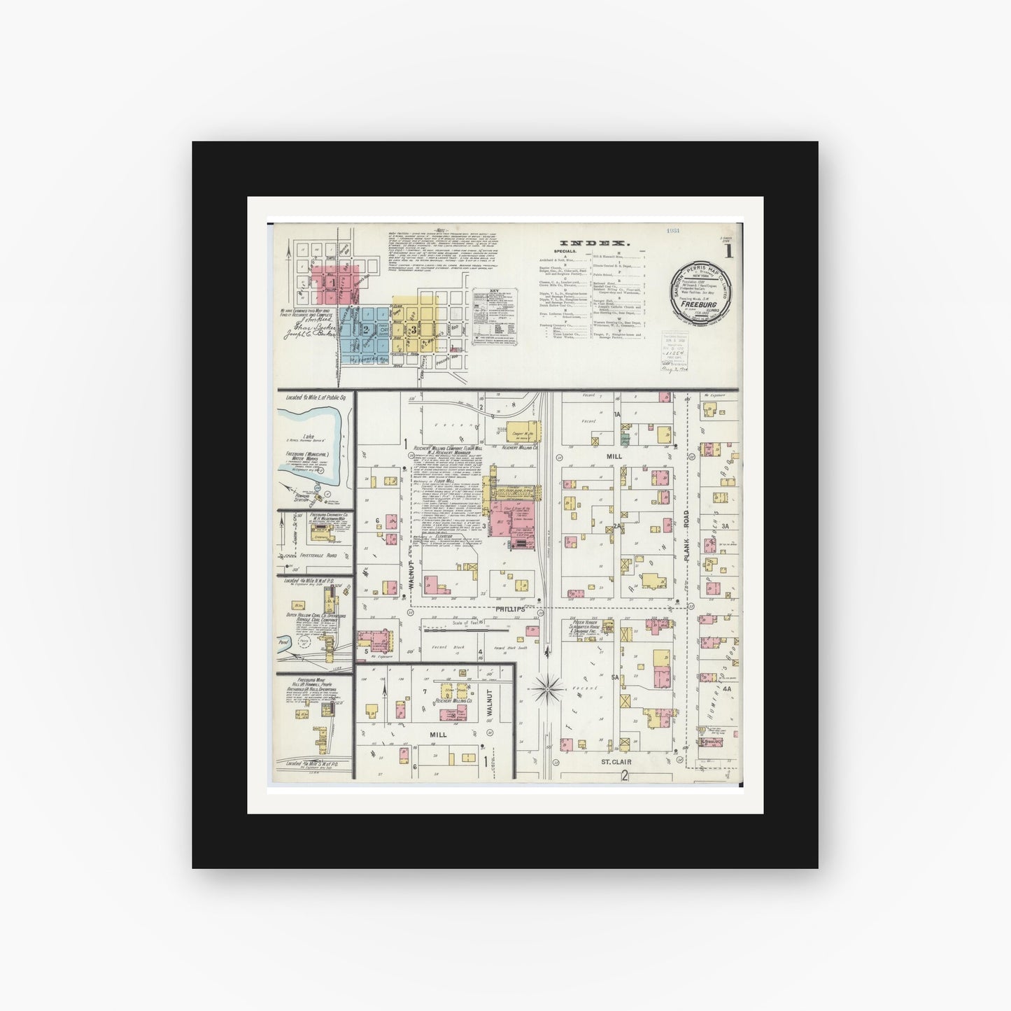Old map wall art mockup — black gallery frame with white mat — Sanborn Fire Insurance Map from Freeburg, Saint Clair County, Illinois (1900) - Complete Map Set