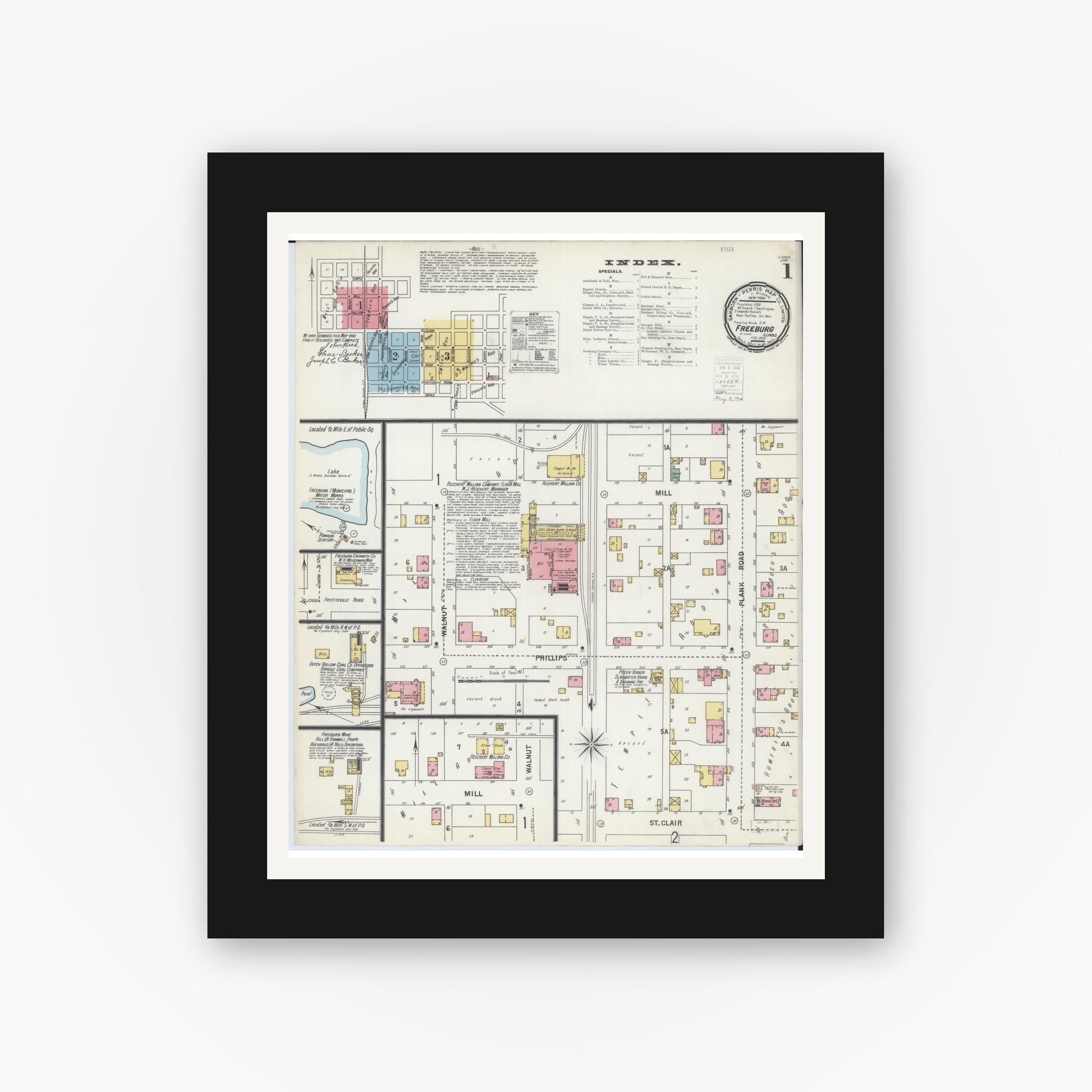 Old map wall art mockup — black gallery frame with white mat — Sanborn Fire Insurance Map from Freeburg, Saint Clair County, Illinois (1900) - Complete Map Set