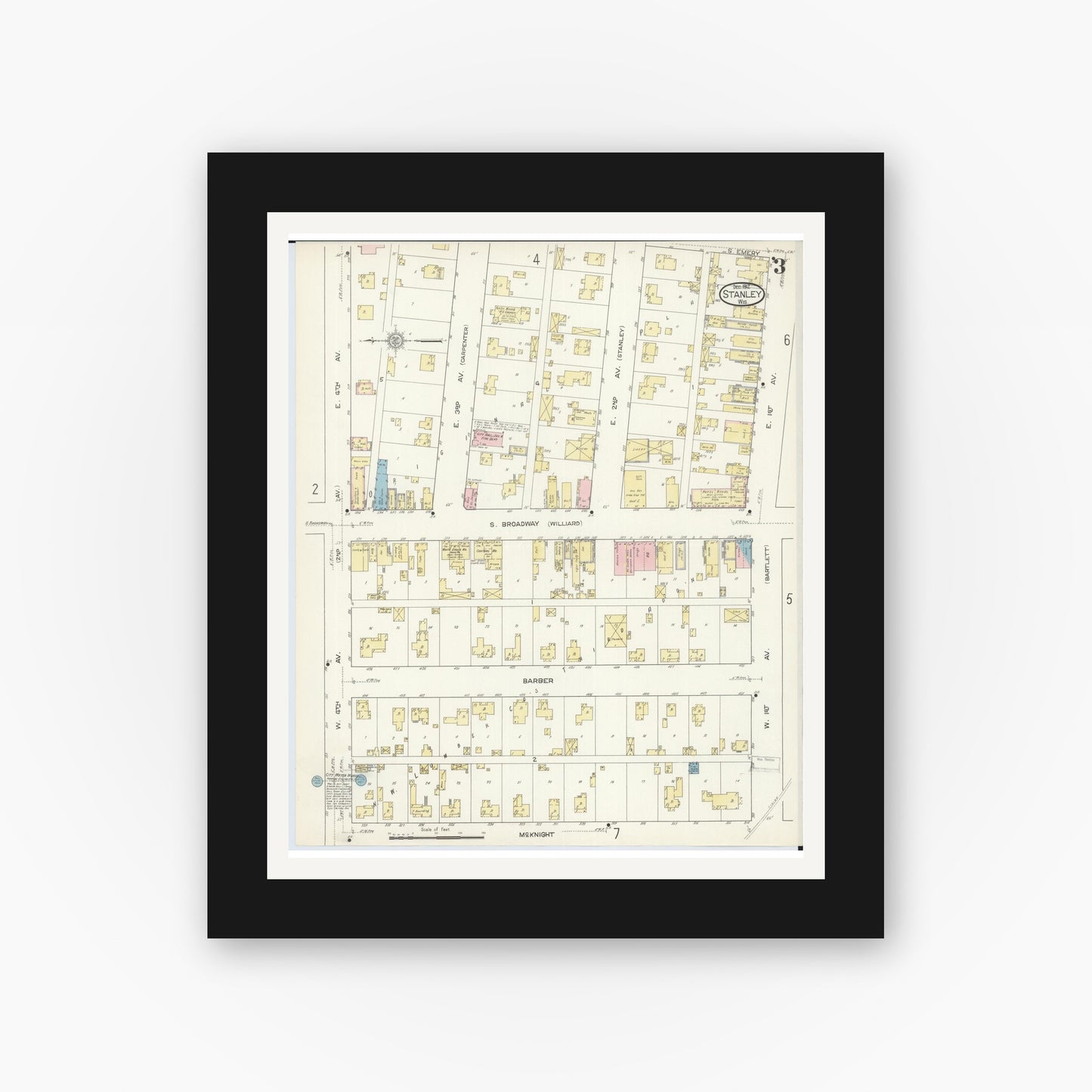 Old map wall art mockup — black gallery frame with white mat — Sanborn Fire Insurance Map from Stanley, Chippewa County, Wisconsin (1912), Sheet #0003