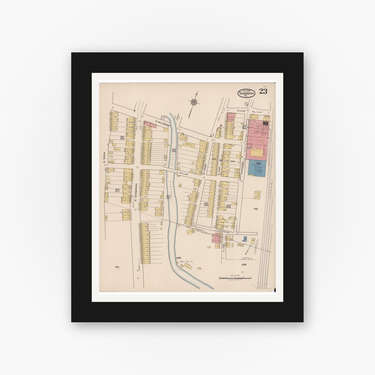 Old map wall art mockup — black gallery frame with white mat — Sanborn Fire Insurance Map from Shamokin, Northumberland County, Pennsylvania (1922), Sheet #0023