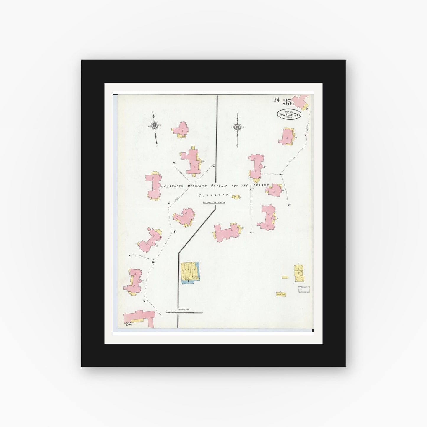 Old map wall art mockup — black gallery frame with white mat — Sanborn Fire Insurance Map from Traverse City, Grand Traverse County, Michigan (1910), Sheet #0035