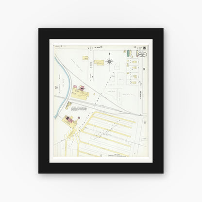 Old map wall art mockup — black gallery frame with white mat — Sanborn Fire Insurance Map from Merrill, Lincoln County, Wisconsin (1907), Sheet #0019