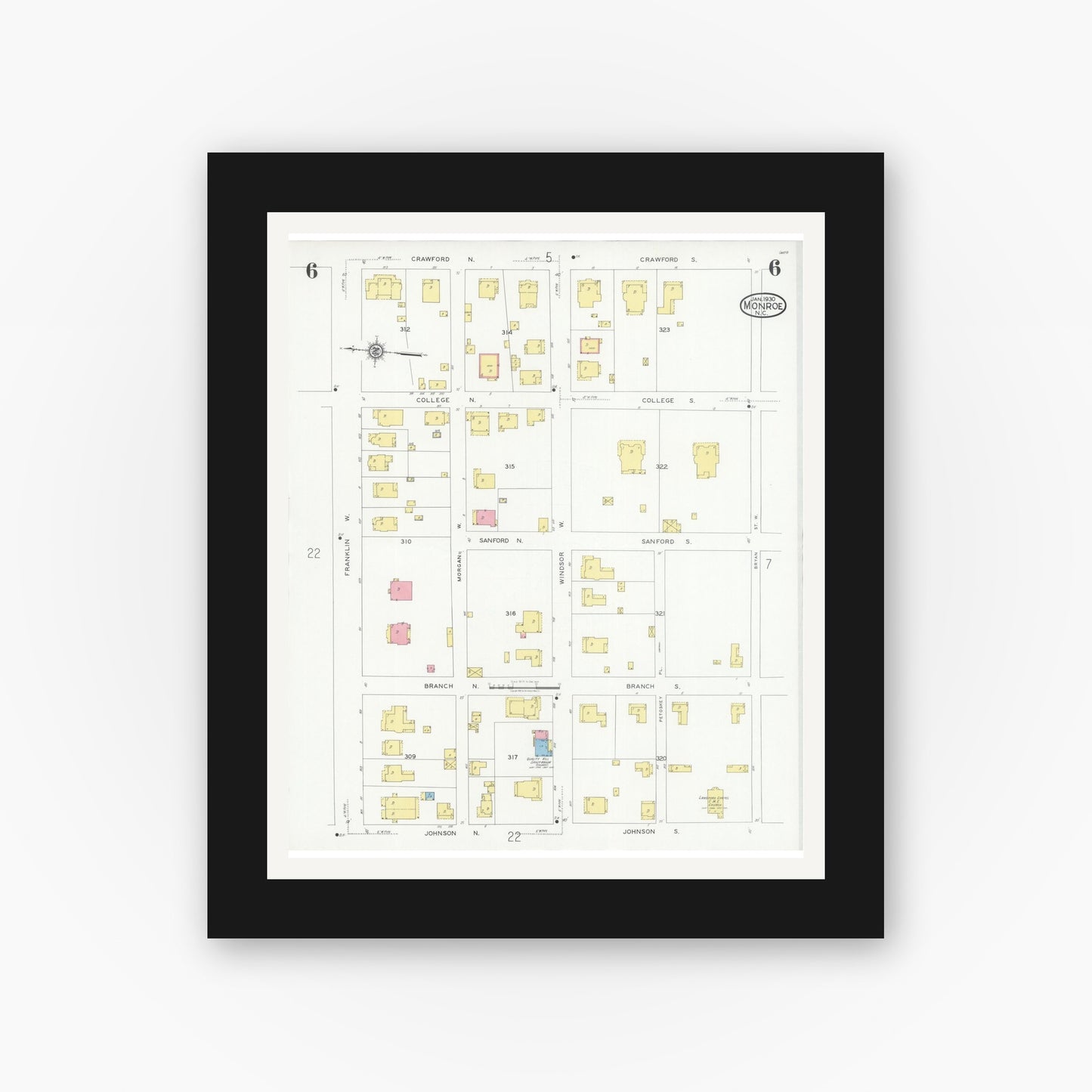 Old map wall art mockup — black gallery frame with white mat — Sanborn Fire Insurance Map from Monroe, Union County, North Carolina (1930), Sheet #0006