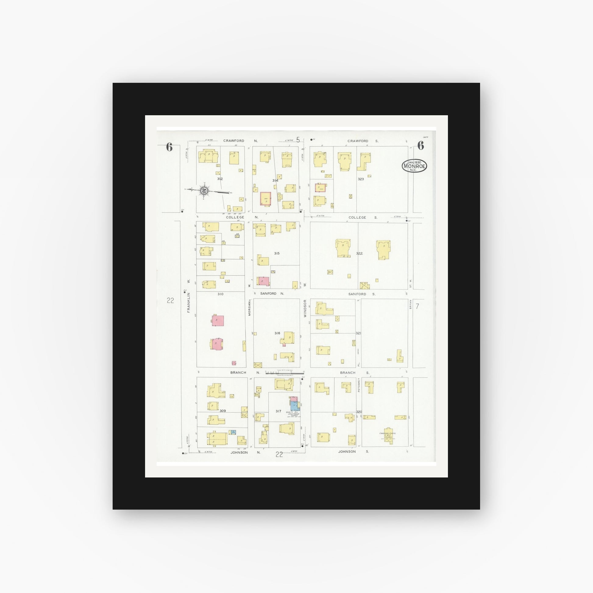 Old map wall art mockup — black gallery frame with white mat — Sanborn Fire Insurance Map from Monroe, Union County, North Carolina (1930), Sheet #0006