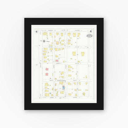 Old map wall art mockup — black gallery frame with white mat — Sanborn Fire Insurance Map from Monroe, Union County, North Carolina (1930), Sheet #0006